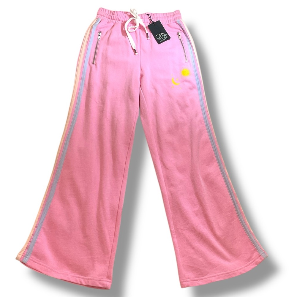 NWT CHASER Pants pink lounge French Terry wide leg XS S stripes sun moon stars *